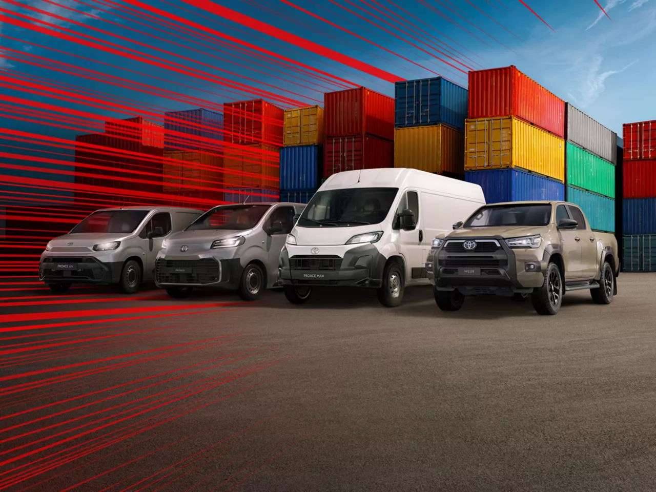 Verschiedene Toyota Nutzfahrzeuge auf einem Baustellenhintergrund.