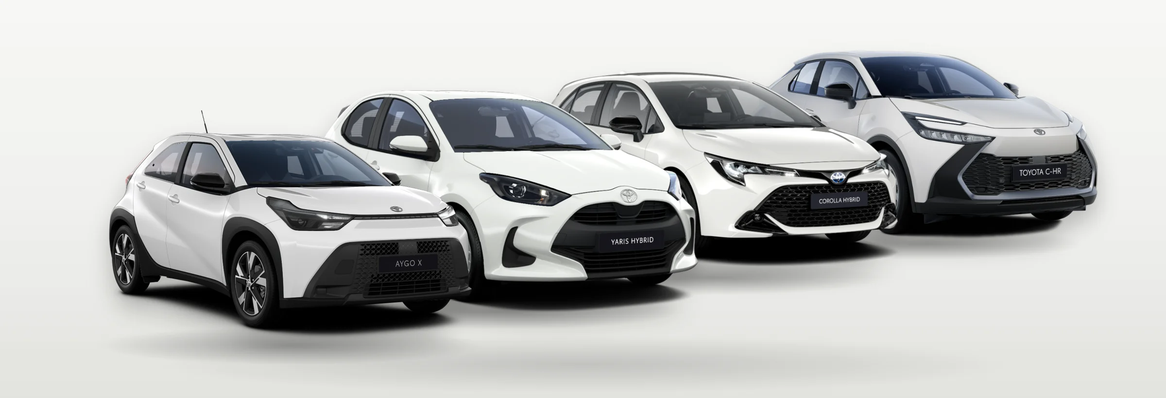 Toyota Aygo X Hybrid, Toyota Yaris Hybrid, Toyota Corolla Hybrid und Toyota C-HR in Weiß